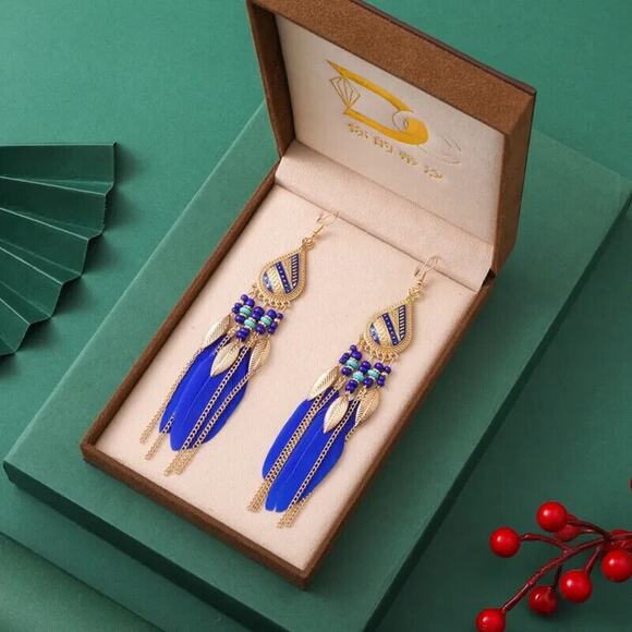 Feather Boho Rice Bead Stud Long Waterdrop Tassel Earrings Hook Boho Ethic Drop - Picture 1 of 6